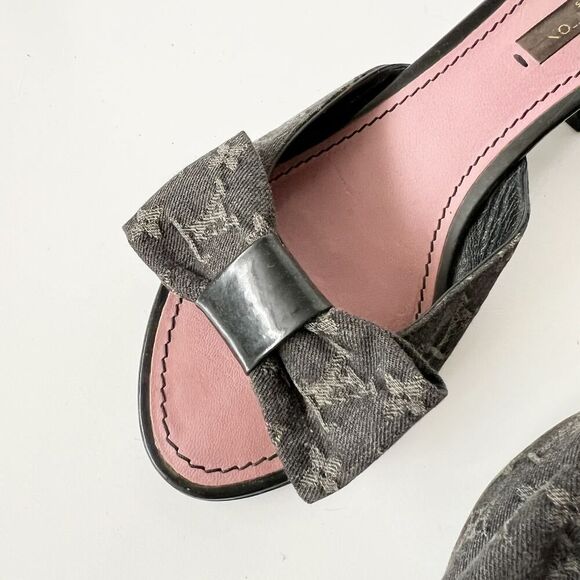 Vintage Y2K Louis Vuitton Monogram Logo Print Block Heel Mules Bow Slides - Picture 4 of 11
